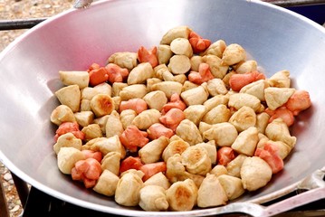 Fried meatballs and sausage at street food