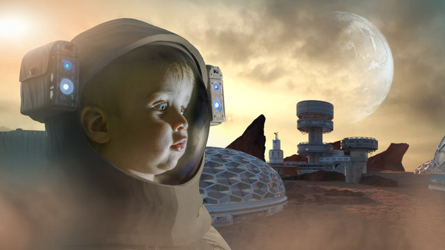 Little Kid Boy Wearing Astronaut Helmet The Concept Of A Colony On Mars And The Planets Of Space