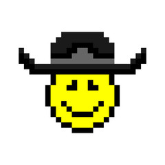 Obraz premium Cheerful smiling face. Black hat. Pixel vector drawing. Isolated object on white background. Isolate.