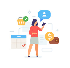 Use applications via smartphone icon, illustration. Smartphones tablets user interface social media.Flat illustration Icons infographics. Landing page site print poster.