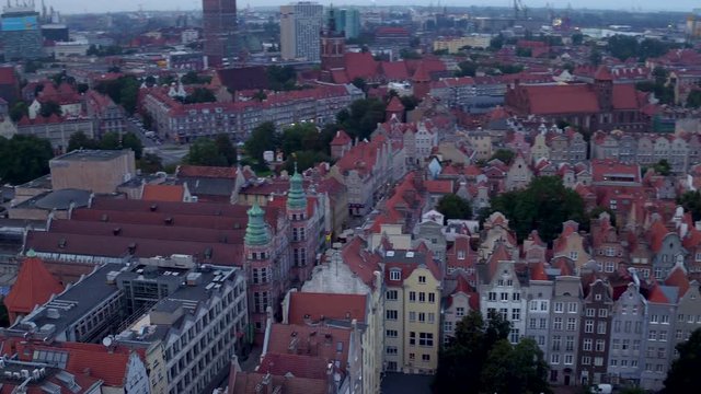Drone aerial evening shot of Gdansk city center.