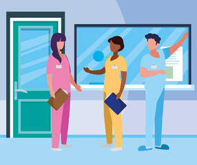 interracial group medicine workers in hospital reception