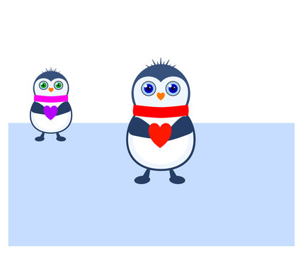 two little cute penguins holding heart