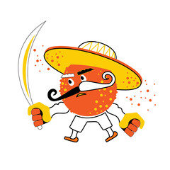 Cartoon evil orange fruit in a mexican sombrero with a large knife. Fighting mandarin in a hat with a mustache on a white background. Funny vector illustration of hand drawing characters.