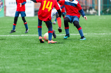 Boys kick soccer ball. Footballers run after the ball on green grass. Kids in white and red shirts dribbling, improve skills. Training, football, hobby, active lifestyle