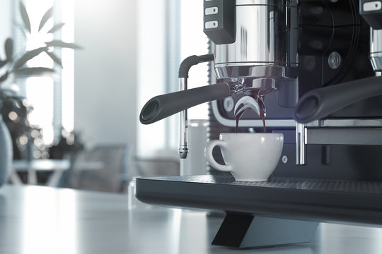 Metallic silver coffee machine in process of making fresh coffee. 3d rendering.