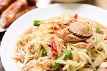 Spicy green papaya salad, Thai food (Som Tum)