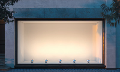 Empty illuminated storefront. night time. 3d rendering. Copy space. Empty space.