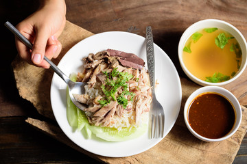Thai cuisine (Khao Man Kai), Hainanese chicken rice with chili sauce and chicken soup