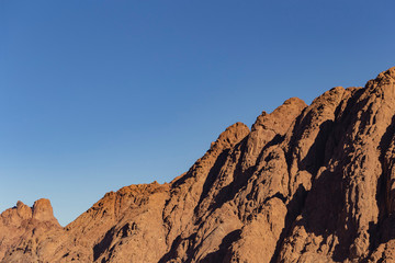 Egypt. Mount Sinai in the morning at sunrise. (Mount Horeb, Gabal Musa, Moses Mount). Pilgrimage place and famous touristic destination.