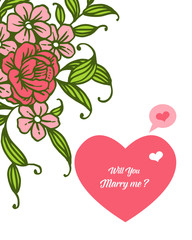 Vector illustration writing will you marry me with elegant pink bouqet frame