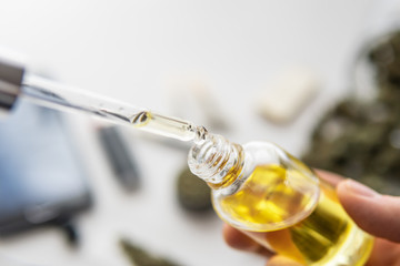 bottle of oil Cannabis in pipette in hand, medical marijuana concept, close up, hemp product, CBD...