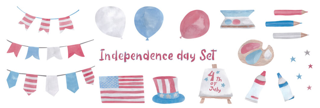 "Independence day" watercolor illustration set. Handdrawn graphic clipart elements for design decoration, print, stickers, fridge magnets, unique souvenir, special memory gift 