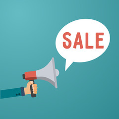 Hand holding megaphone with bubble speech sale text. Loudspeaker banner for business, marketing and advertising. Vector illustration.