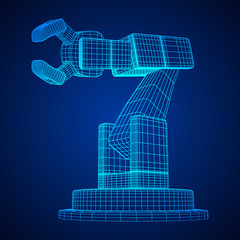 Robotic arm manufacture technology industry assembly mechanic hand wireframe low poly mesh vector illustration