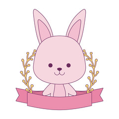 cute rabbit with ribbon and branches of leafs