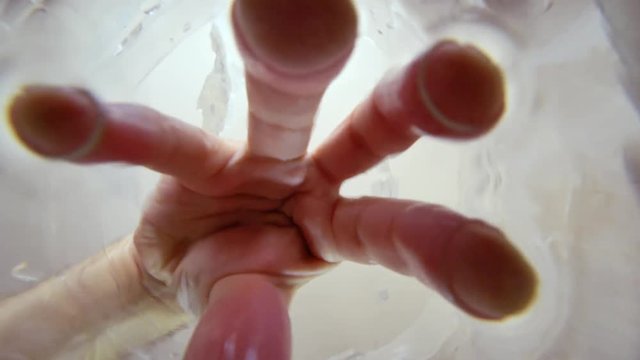 Hand out of the water. Unnaturally long fingers move on the surface of clear water. Transparent plastic background with drops in the form of a well, concrete wall.