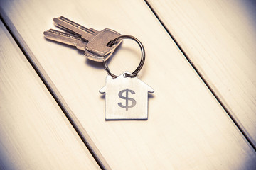 The symbol of the house lies on a white wooden background 
