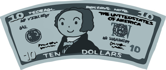 Monochrome Deformed Cute hand-painted 10 US dollar banknote