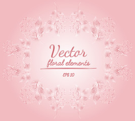 Wreath of roses or peonies flowers and branches with azalea, pale pink and white colors. floral frame design elements for invitations, greeting cards, posters, blogs. Hand drawn vector illustration.