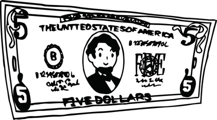 Deformed Cute hand-painted 5 US dollar banknote outline