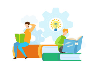 Nerds Brothers Reading Books Vector Illustration