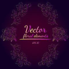 Wreath of orchid flowers and branches with violet, yellow and pink colors. Floral Frame Design Elements For Invitations, Greeting Cards, Posters, Blogs. Hand drawn vector illustration.