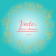 Wreath of roses or peonies flowers and branches with light sea green, sunshade, living coral, orange, yellow and white colors. floral frame design elements for invitations, greeting cards. Hand drawn.