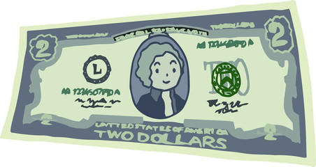 Deformed Cute hand-painted 2 US dollar banknote