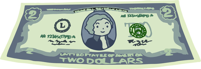 Deformed Cute hand-painted 2 US dollar banknote