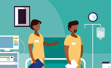 afro couple medicine workers in operating theater