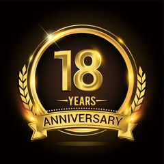 Celebrating 18th years anniversary logo with golden ring and ribbon, laurel wreath vector design.