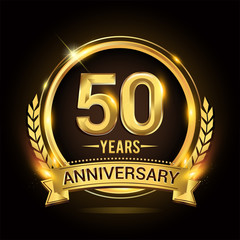 Celebrating 50th years anniversary logo with golden ring and ribbon, laurel wreath vector design.