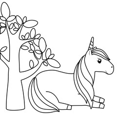 cute unicorn animal with tree plant