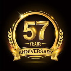 Celebrating 57th years anniversary logo with golden ring and ribbon, laurel wreath vector design.