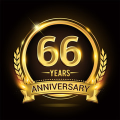 Celebrating 66th years anniversary logo with golden ring and ribbon, laurel wreath vector design.