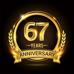 Celebrating 67th years anniversary logo with golden ring and ribbon, laurel wreath vector design.
