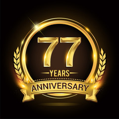 Celebrating 77th years anniversary logo with golden ring and ribbon, laurel wreath vector design.