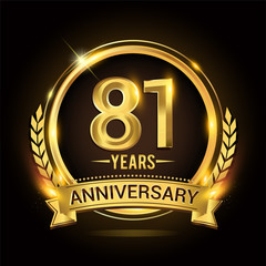 Celebrating 81st years anniversary logo with golden ring and ribbon, laurel wreath vector design.