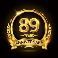 Celebrating 89th years anniversary logo with golden ring and ribbon, laurel wreath vector design.