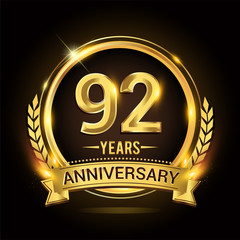 Celebrating 92nd years anniversary logo with golden ring and ribbon, laurel wreath vector design.