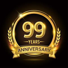 Celebrating 99th years anniversary logo with golden ring and ribbon, laurel wreath vector design.