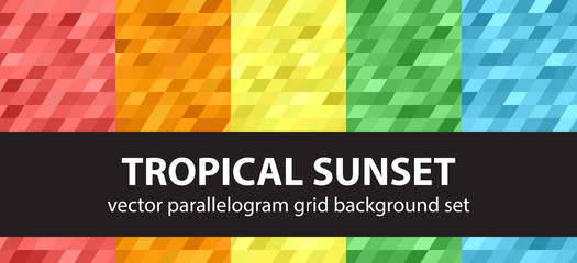 Parallelogram pattern set Tropical Sunset. Vector seamless geometric backgrounds