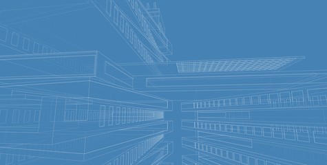 3D illustration architecture building perspective lines.