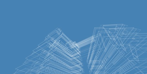 3D illustration architecture building perspective lines.