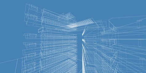 3D illustration architecture building perspective lines.