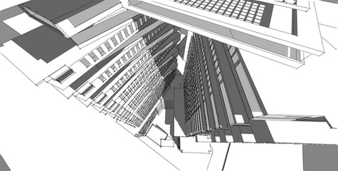 3D illustration architecture building perspective lines.