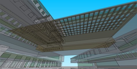 Obraz premium 3D illustration architecture building perspective lines.