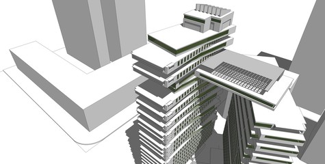 3D illustration architecture building perspective lines.
