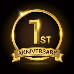 1st golden anniversary logo, with shiny ring and ribbon, laurel wreath isolated on black background, vector design